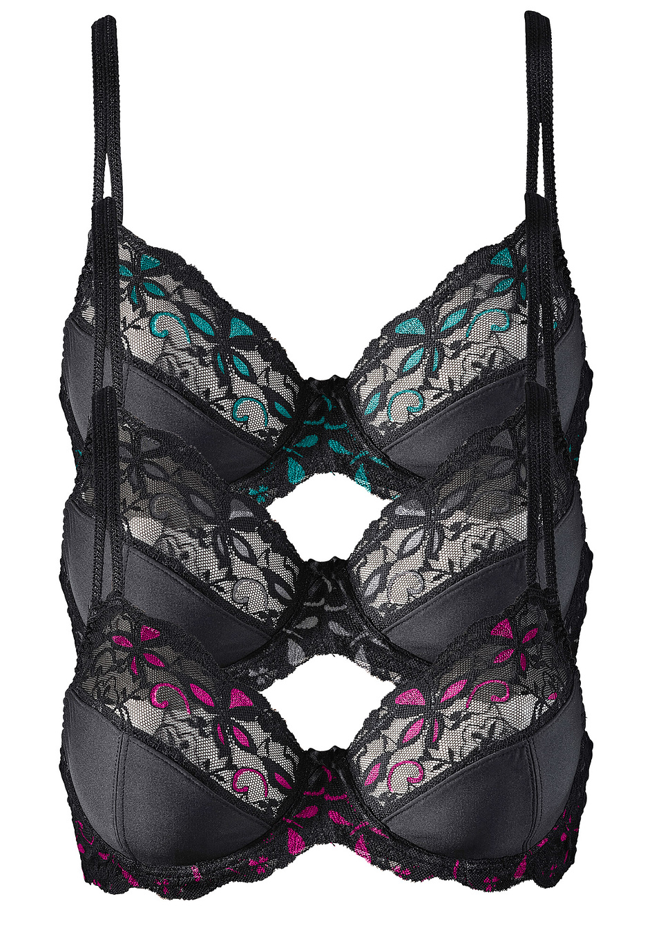 Сутиен (опаковка с 3 бр.)-Черно/Фуксия + Черно/Сиво + Черно/Тюркоазено-