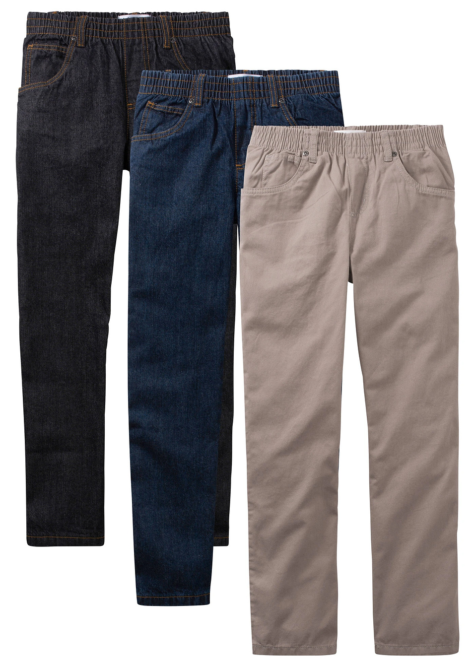 Παντελόνι regular fit με λάστιχο στη μέση από καθαρό βαμβάκι, straight (συσκευασία των 3)-Μαύρο πετροπλυμένο + Μπλε σκούρο πετροπλυμένο + Καφετί-John Baner JEANSWEAR