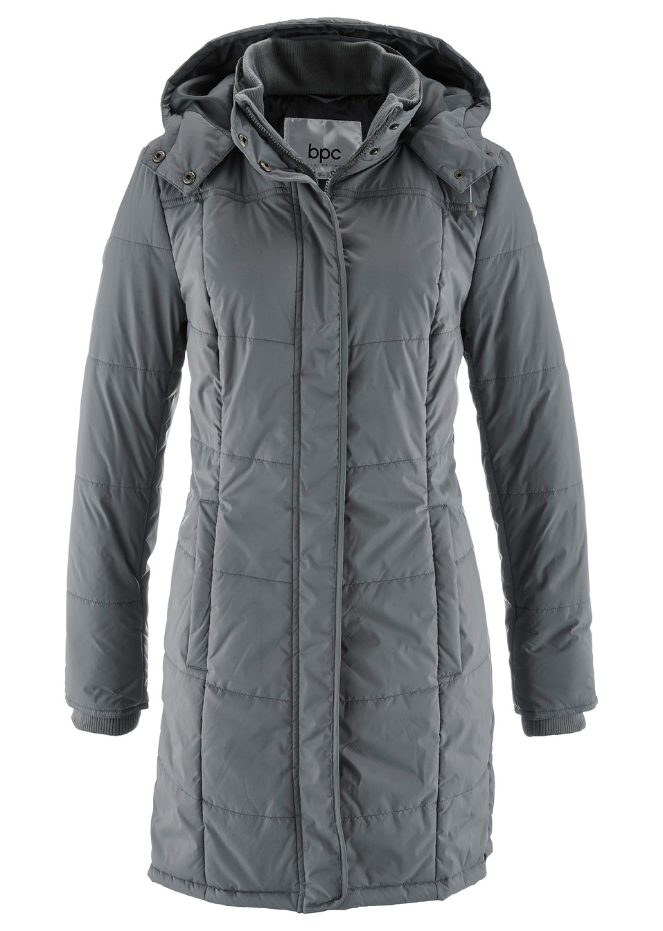 Μακρύ καπιτονέ μπουφάν με επένδυση και κουκούλα-Γκρι του καπνού-bpc bonprix collection