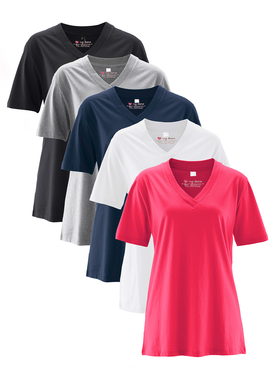 Тениска с остро деколте (опаковка с 5 бр.)-Фуксия хибискус + Светло сиво меланж + Бяло + Черно + Тъмно синьо-bpc bonprix collection