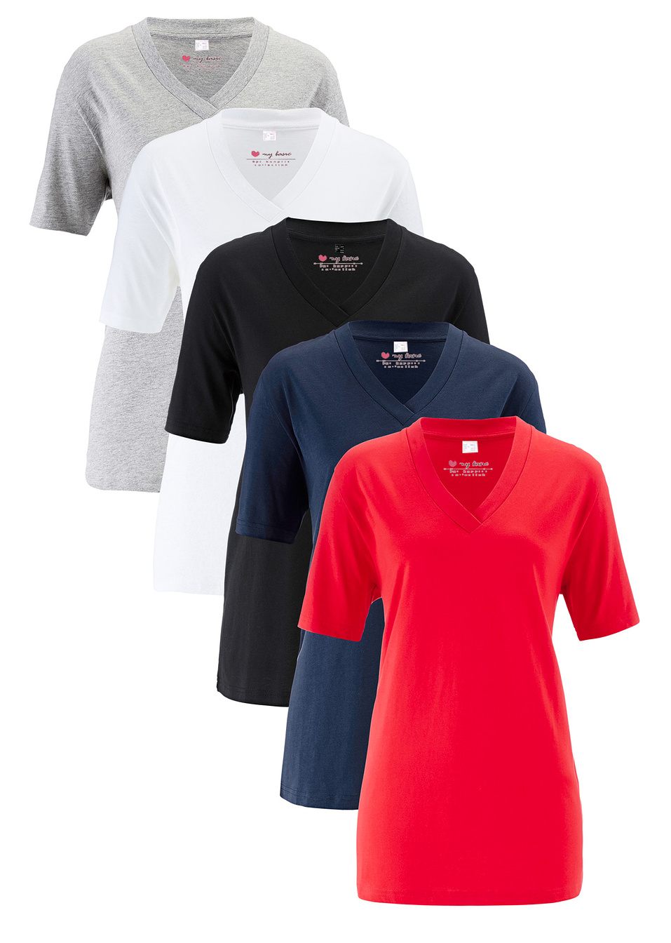 Тениска с остро деколте (опаковка с 5 бр.)-Ягода + Черно + Бяло + Светло сиво меланж + Тъмно синьо-bpc bonprix collection