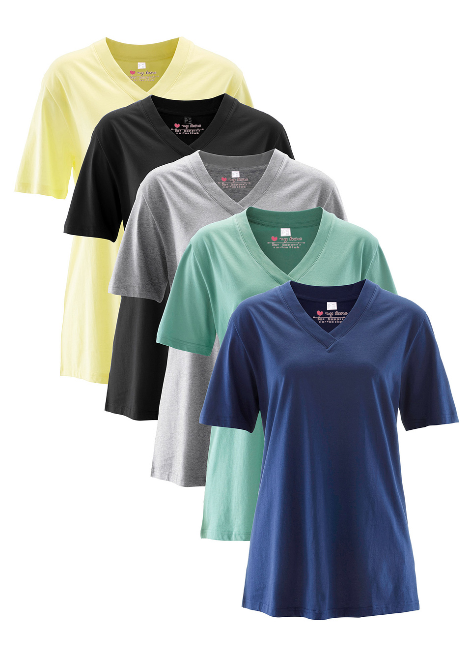 Тениска с остро деколте (опаковка с 5 бр.)-Лимон светло + Сиво-зелено + Нощно синьо + Сиво-bpc bonprix collection