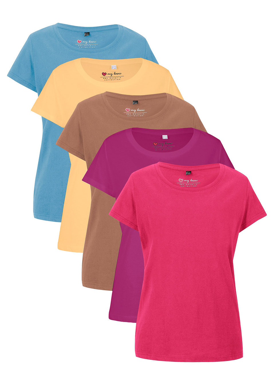 Μακριά κοντομάνικη μπλούζα (συσκευασία των 5)-Φούξια + Βιολετί + Γαλάζιο + Κίτρινο ανοιχτό + Καφέ-bpc bonprix collection
