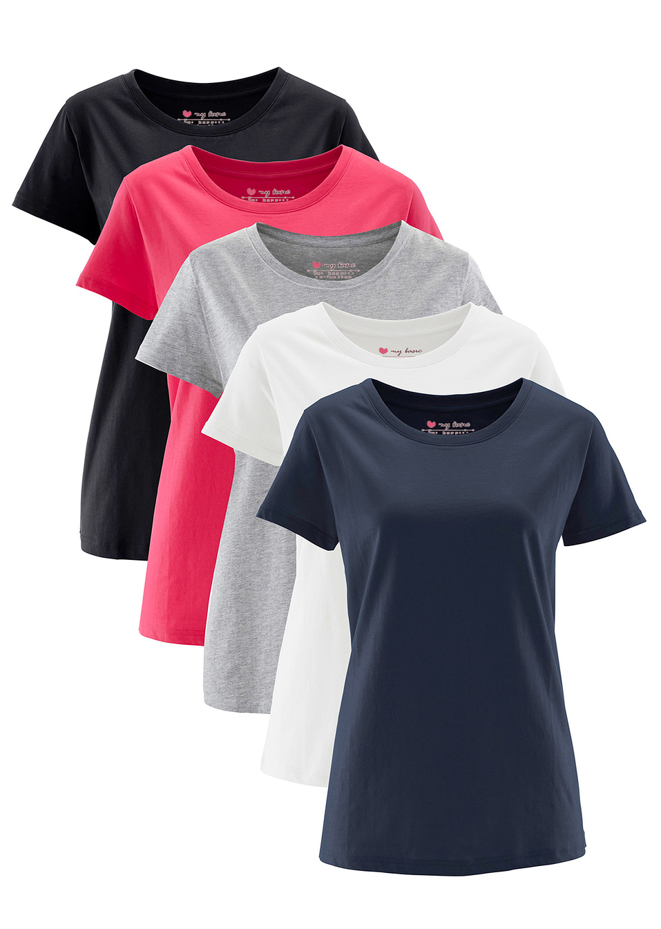 Μακριά κοντομάνικη μπλούζα (συσκευασία των 5)-Φούξια του ιβίσκου + Γκρι ανοιχτό μελανζέ + Λευκό + Μαύρο + Μπλε σκούρο-bpc bonprix collection