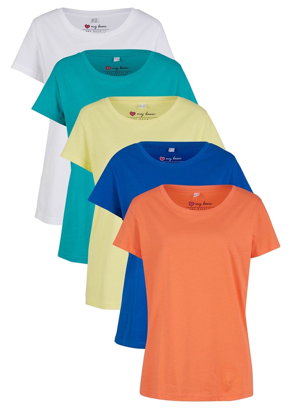 Дълга тениска (опаковка с 5 бр.)-Сьомга + Лазурно синьо + Лимоново жълто светло + Изумрудено зелено + Бяло-bpc bonprix collection