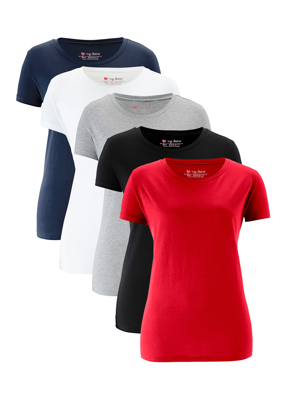 Дълга тениска (опаковка с 5 бр.)-Ягода + Черно + Бяло + Светло сиво меланж + Тъмно синьо-bpc bonprix collection