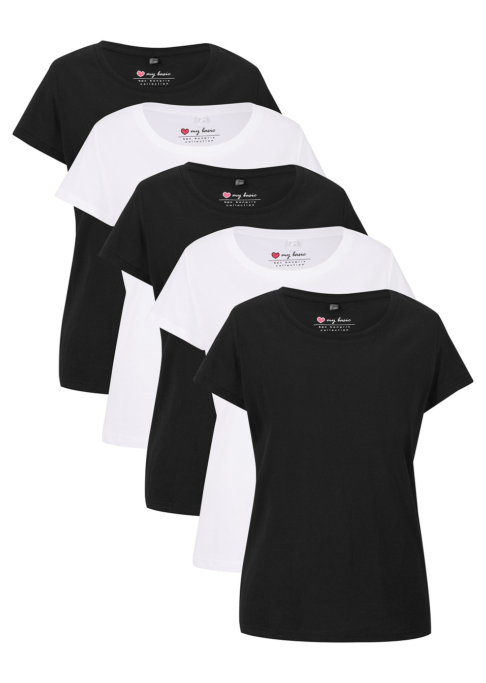 Μακριά κοντομάνικη μπλούζα (συσκευασία των 5)-Μαύρο + Μαύρο + Μαύρο + Λευκό + Λευκό-bpc bonprix collection