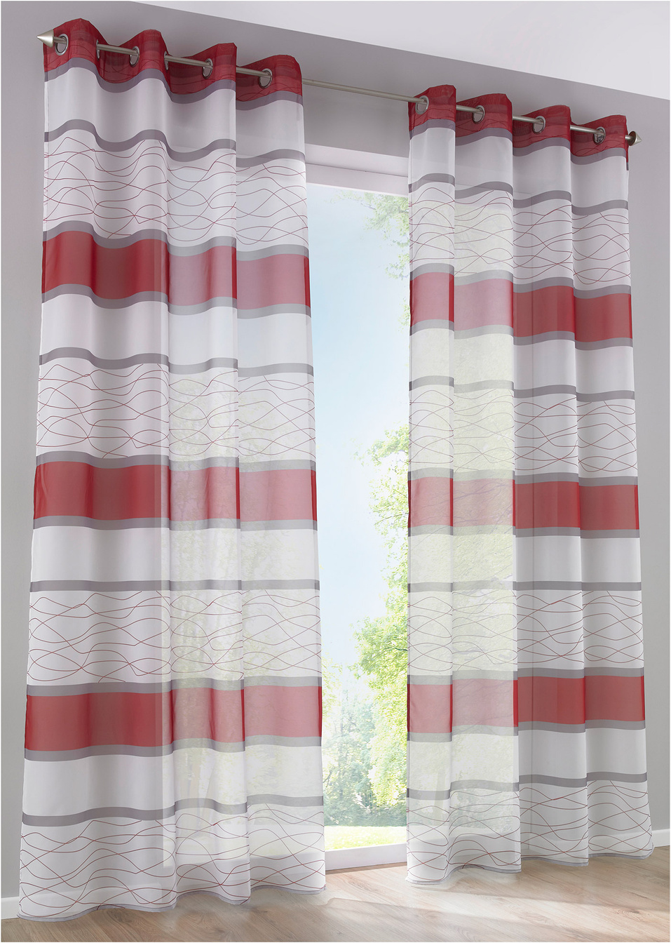 Завеса с раиран мотив и рециклиран полиестер (опаковка с 1 бр.)-Червено-