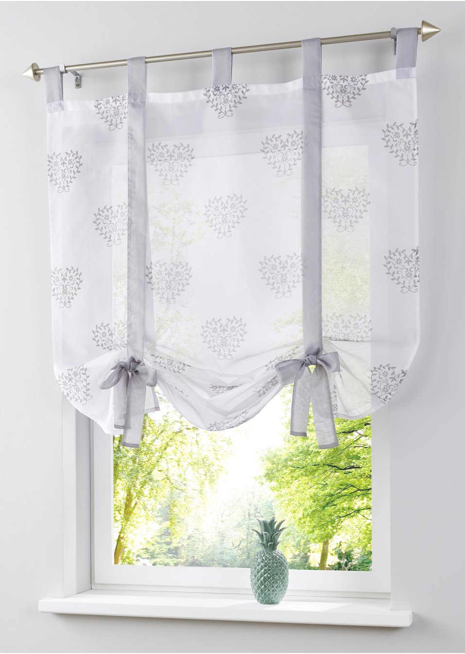 Римска завеса със сърца и панделки от рециклиран полиестер  (опаковка с 1 бр.)-Бяло/Сиво-bpc living bonprix collection