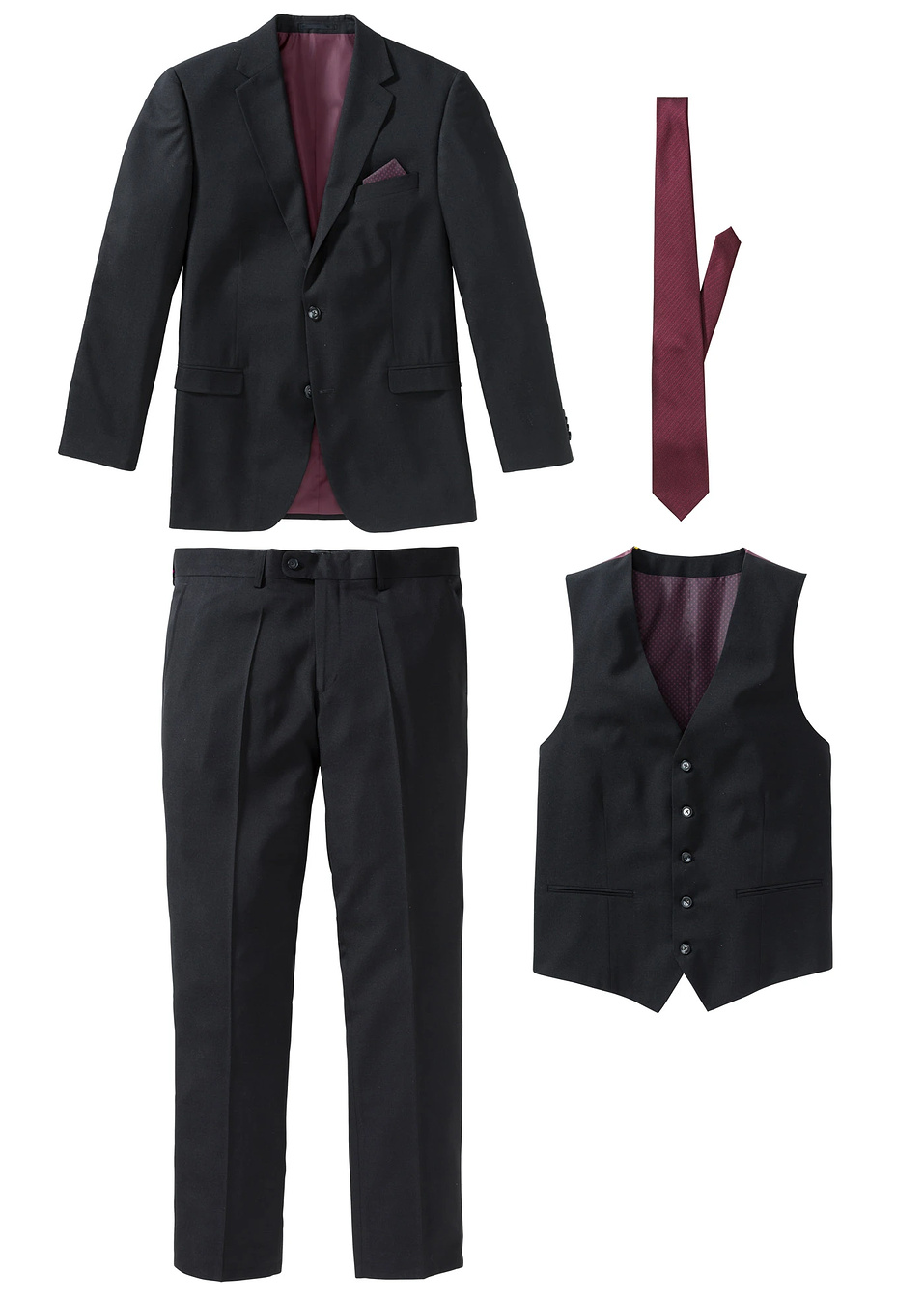 Κοστούμι regular fit (σετ 4 τεμ.)-Μαύρο/Μπορντό-bpc selection bonprix collection