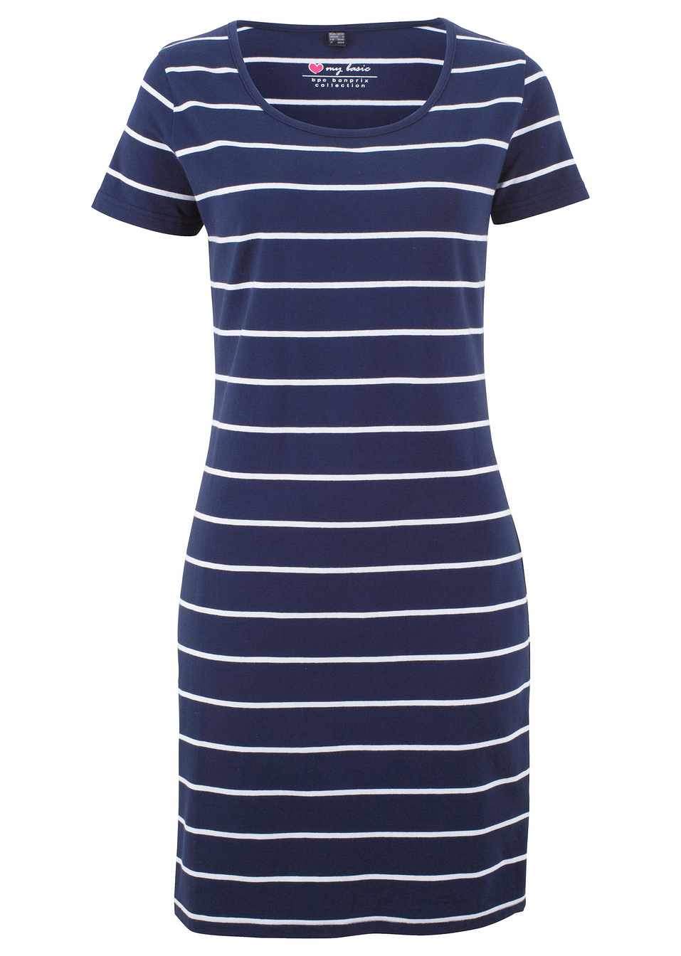 Ελαστικό κοντομάνικο φόρεμα ζέρσεϊ-Μπλε σκούρο/Λευκό ριγέ-bpc bonprix collection