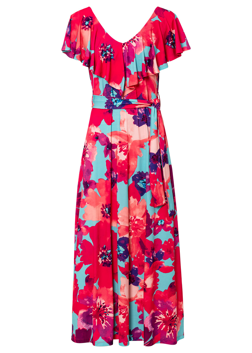 Φόρεμα με βολάν και ζώνη-Τιρκουάζ/Φούξια με λουλουδάκια-BODYFLIRT boutique