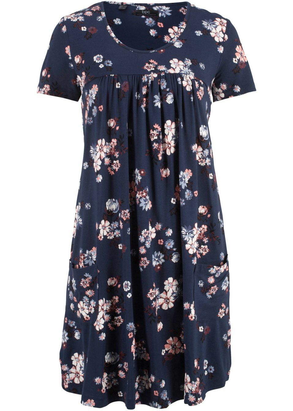 Κοντομάνικο φόρεμα ζέρσεϊ-Μπλε σκούρο φλοράλ-bpc bonprix collection