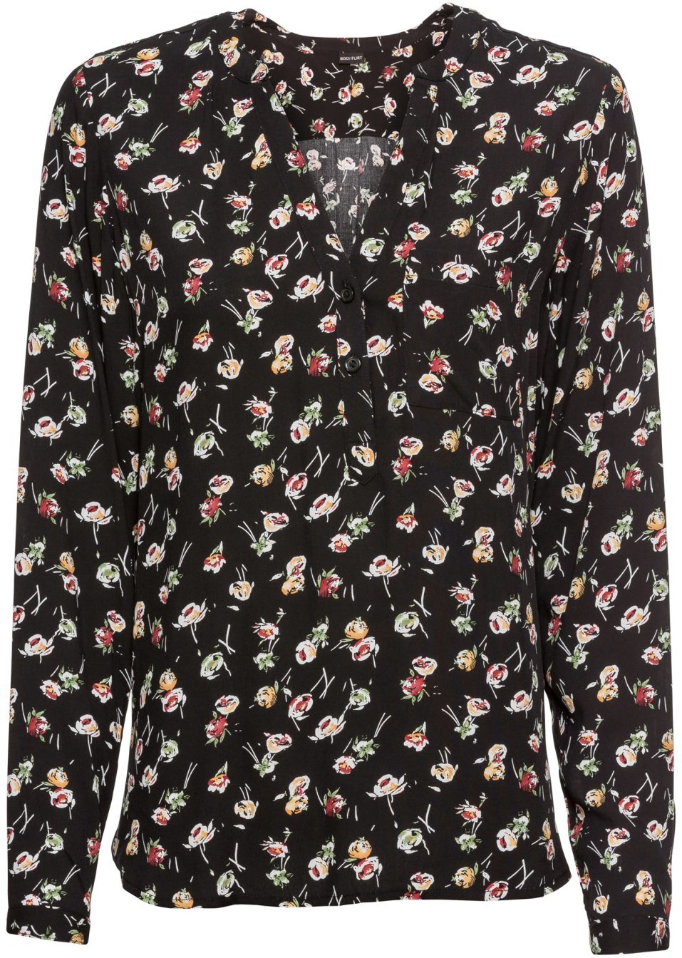 Μπλούζα με λαιμόκοψη V-Μαύρο φλοράλ-BODYFLIRT