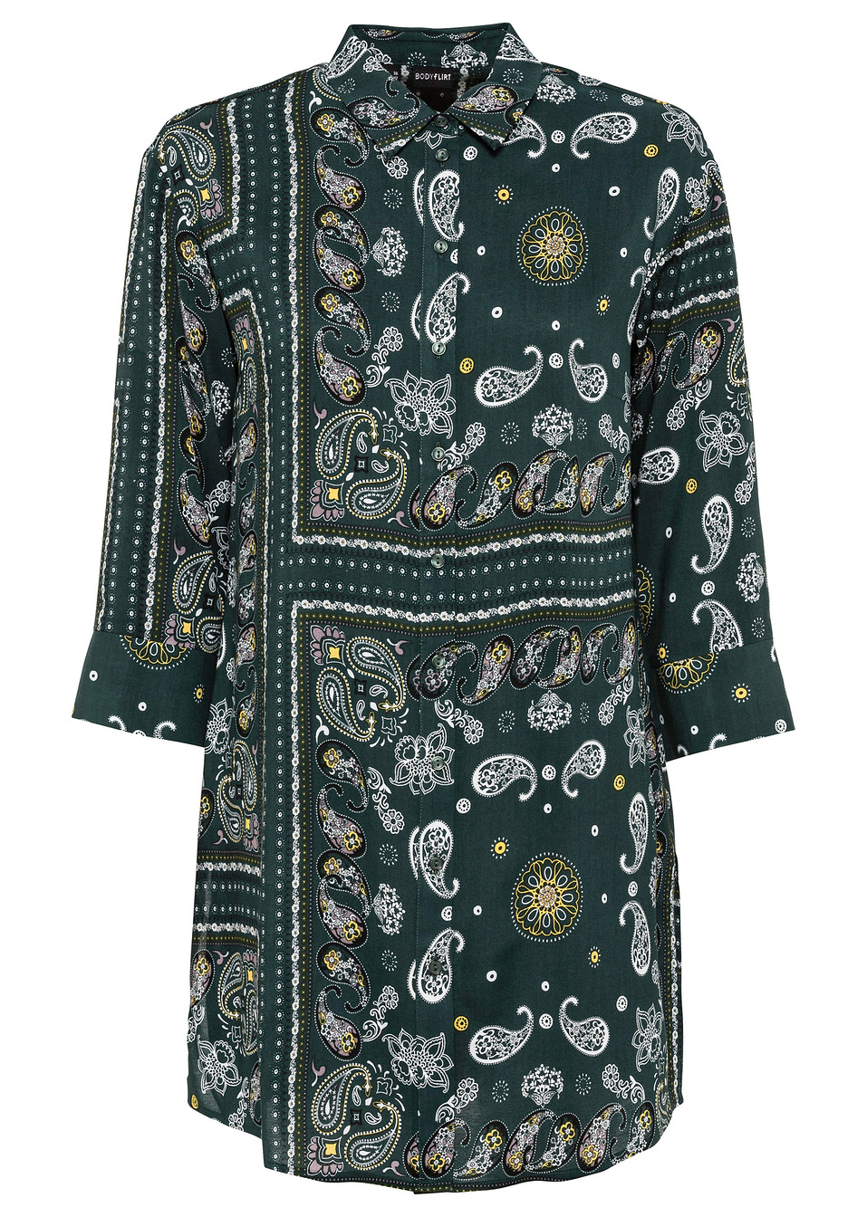 Μακρύ πουκάμισο από βιώσιμη βισκόζη-Πράσινο σκούρο εμπριμέ-BODYFLIRT