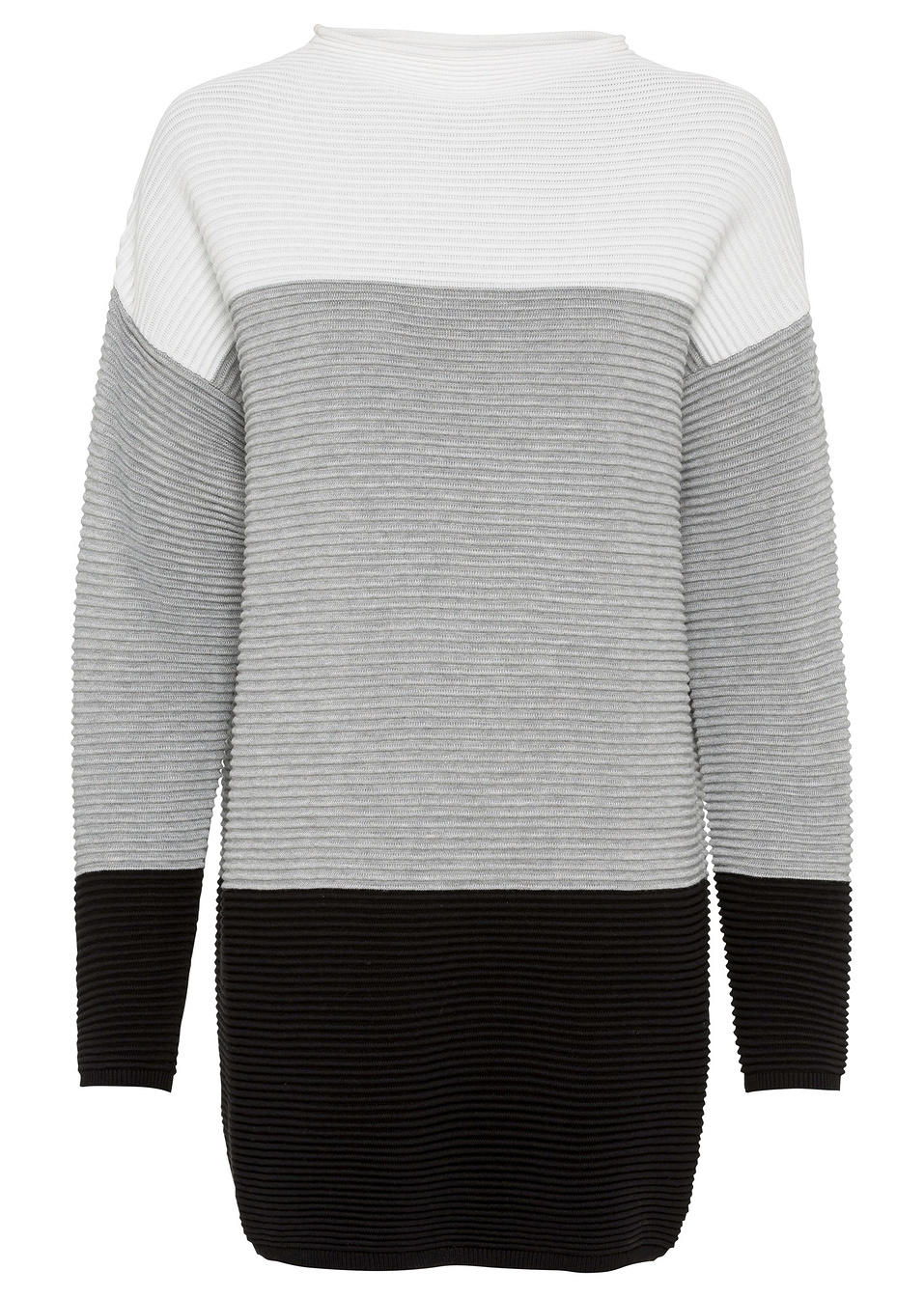 Μακρύ ριγέ πουλόβερ-Λευκό κρεμ/Γκρι/Μαύρο ριγέ-BODYFLIRT