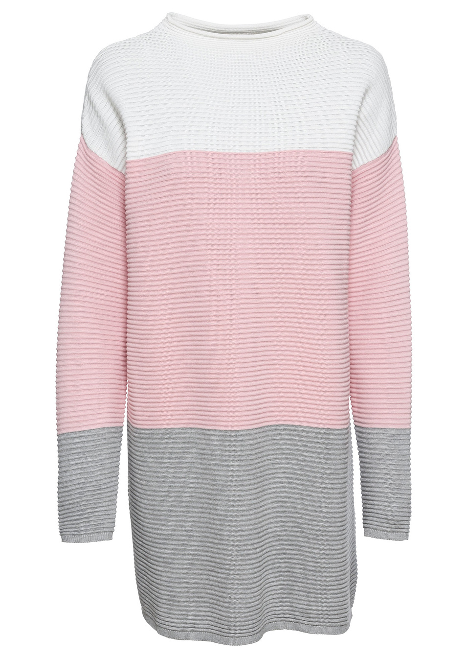 Μακρύ ριγέ πουλόβερ-Λευκό κρεμ/Ροζ της πούδρας/Γκρι ριγέ-BODYFLIRT