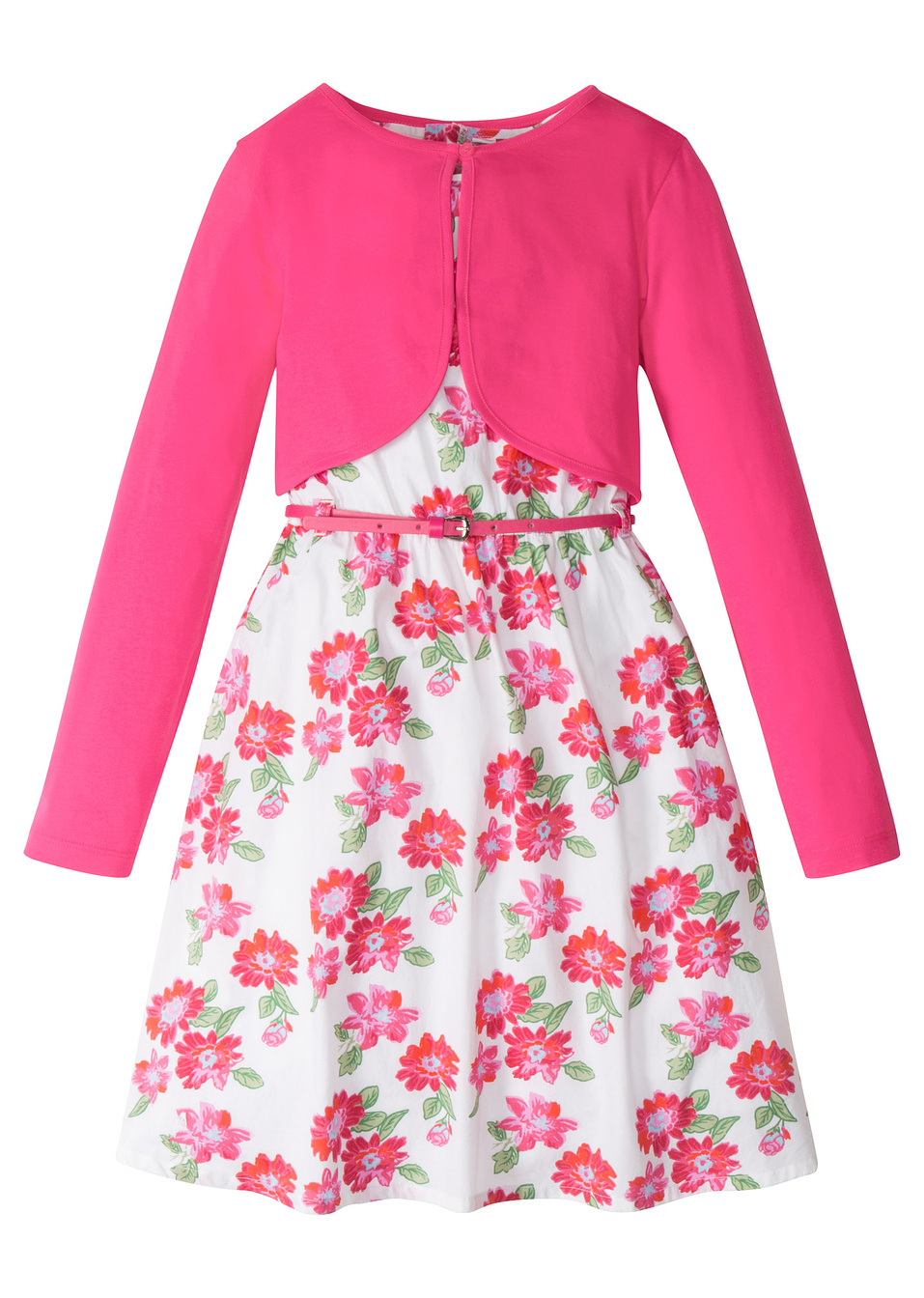 Φόρεμα + Ζώνη + Μπολερό (σετ 3 τεμ.)-Λευκό/Φούξια σκούρο φλοράλ-bpc bonprix collection