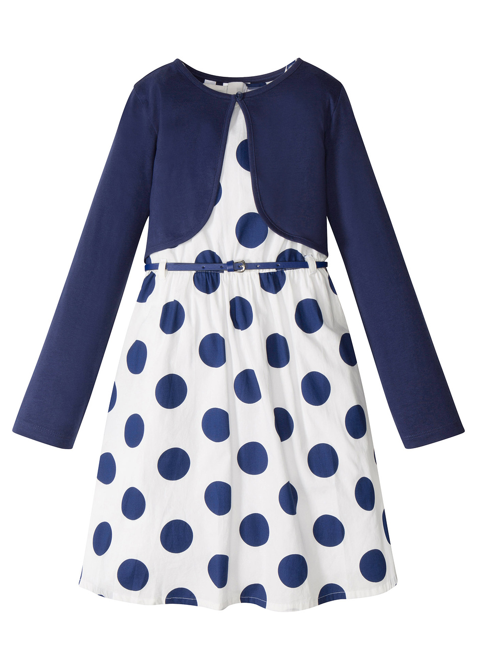 Рокля + Колан + Болеро (комплект от 3 части)-Бяло/Синьо на точки-bpc bonprix collection