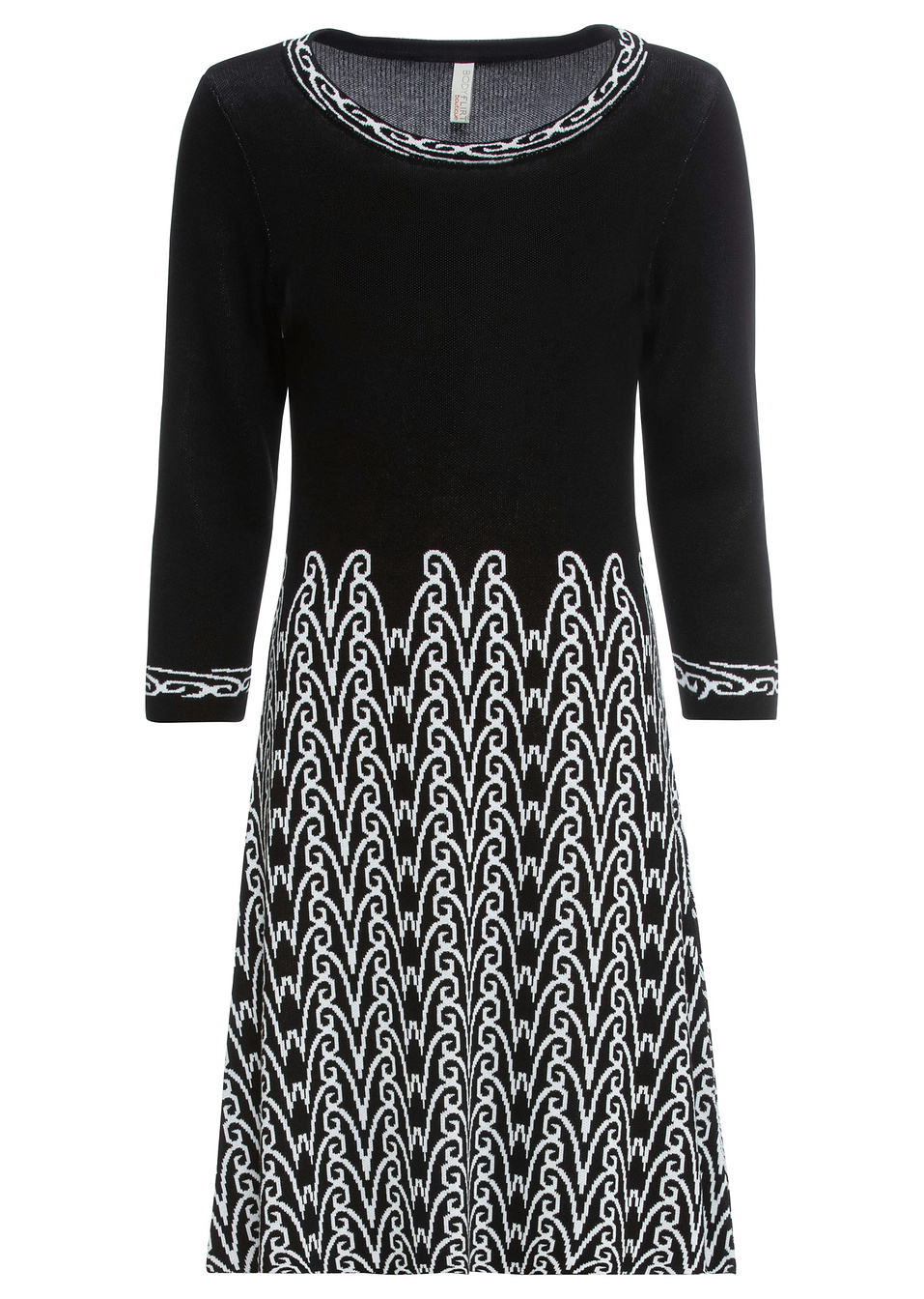 Εμπριμέ πλεκτό φόρεμα-Μαύρο/Λευκό κρεμ εμπριμέ-BODYFLIRT boutique