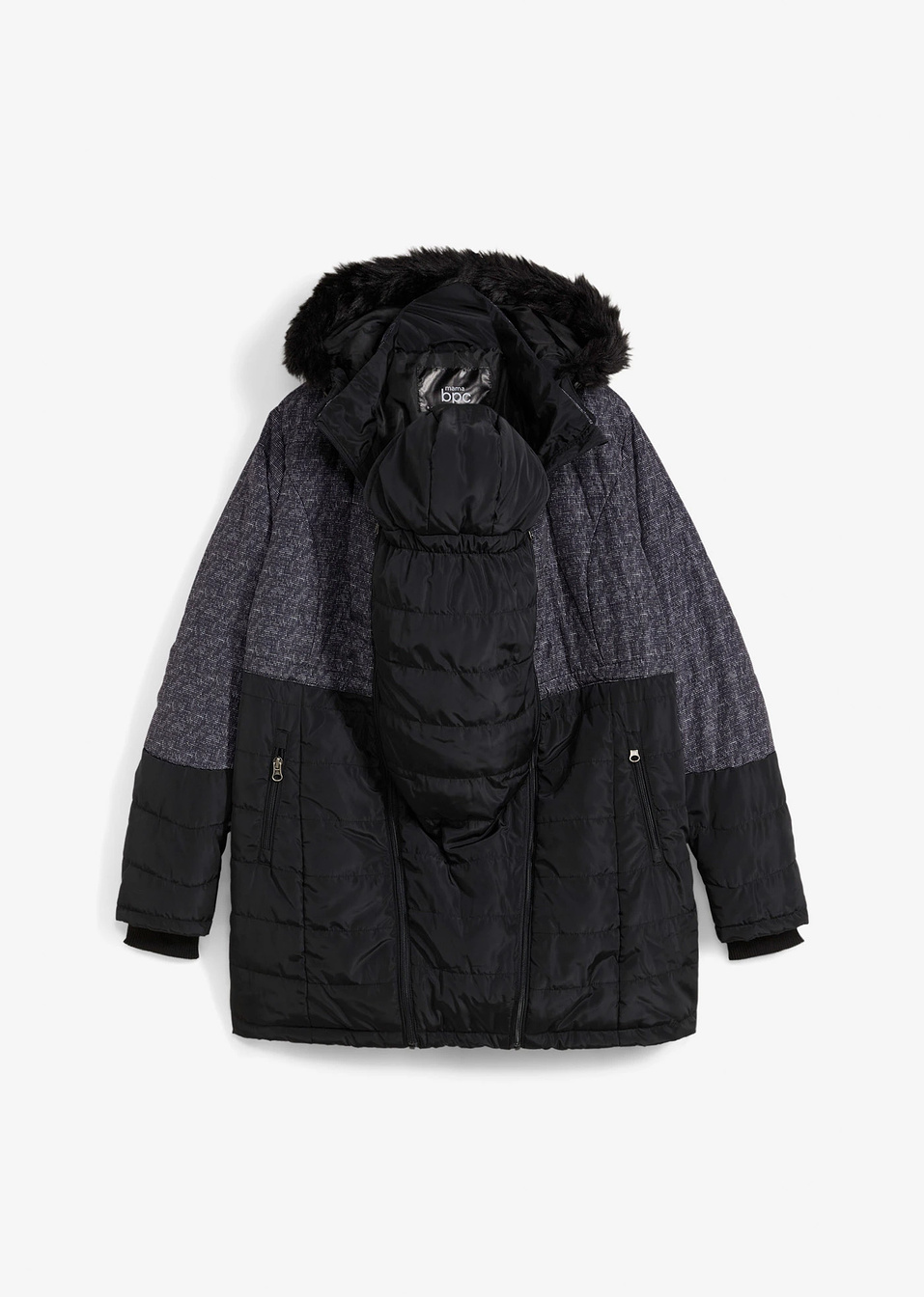 Μακρύ τζάκετ εγκυμοσύνης με προσθήκη για μάρσιπο-Μαύρο/Γκρι-bpc bonprix collection