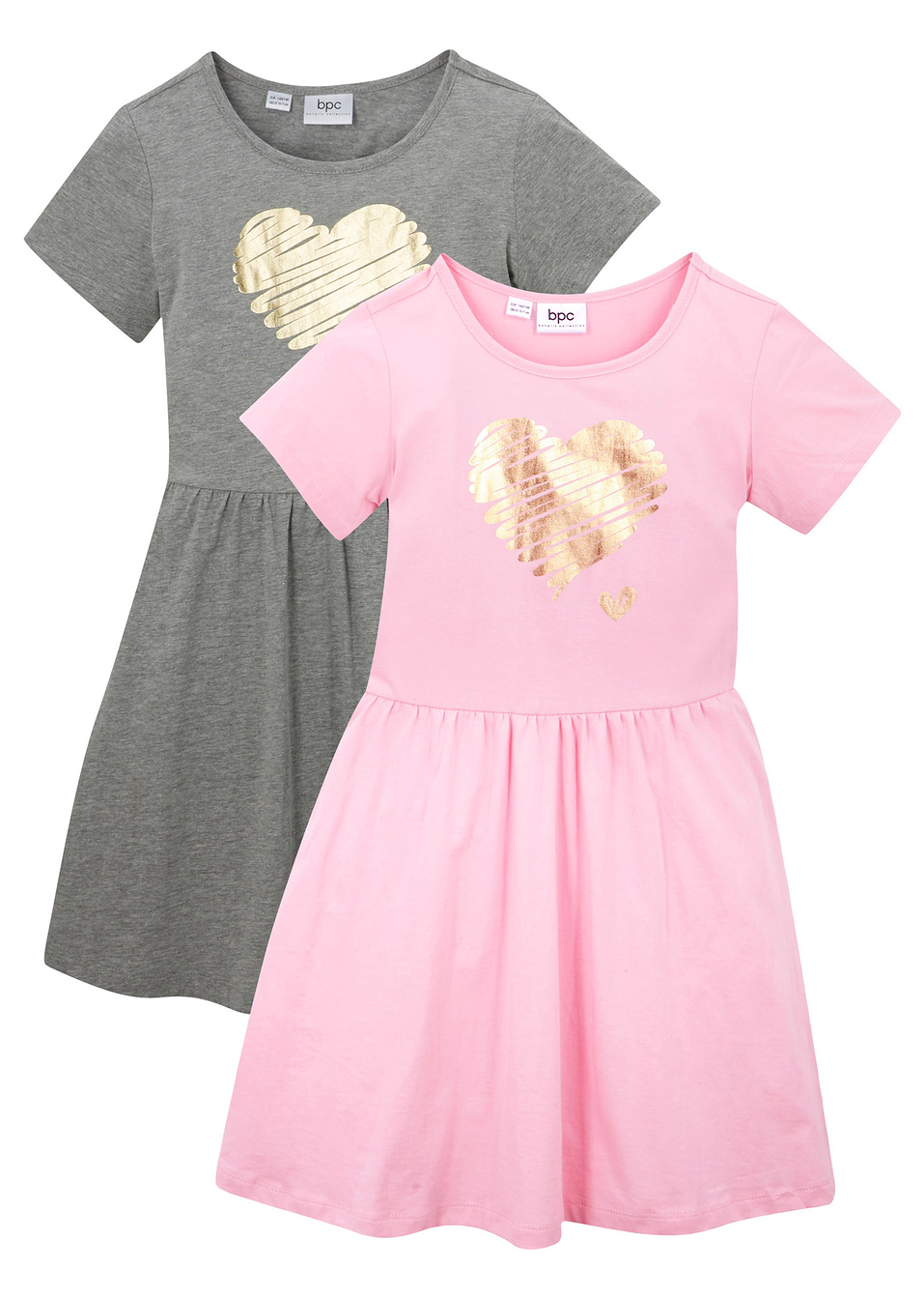 Κοντομάνικο φόρεμα ζέρσεϊ (συσκευασία των 2)-Ροζ της πούδρας + Γκρι ανοιχτό μελανζέ-bpc bonprix collection