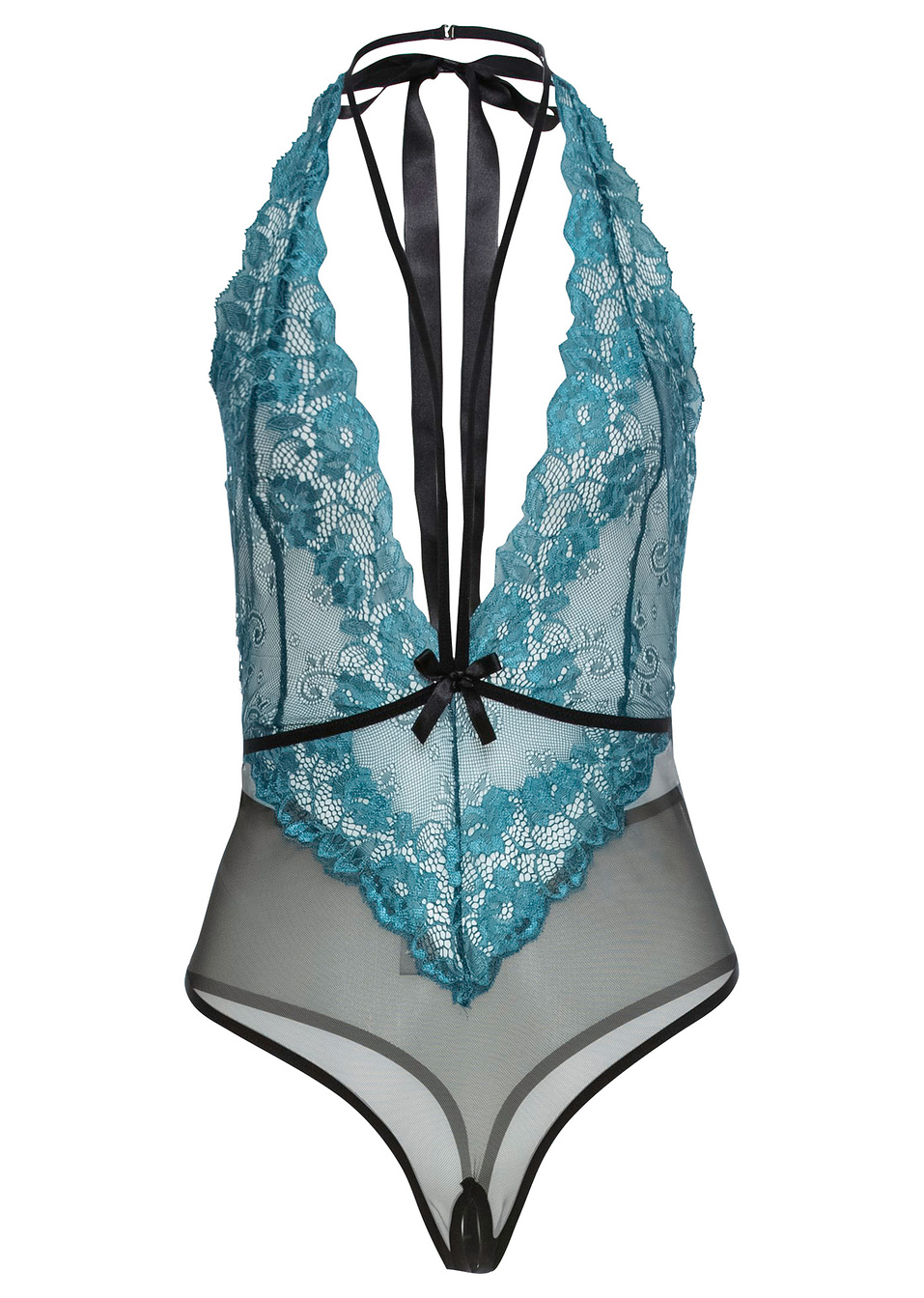 Κορμάκι με στρινγκ ouvert-Μαύρο/Πράσινο σμαραγδί-