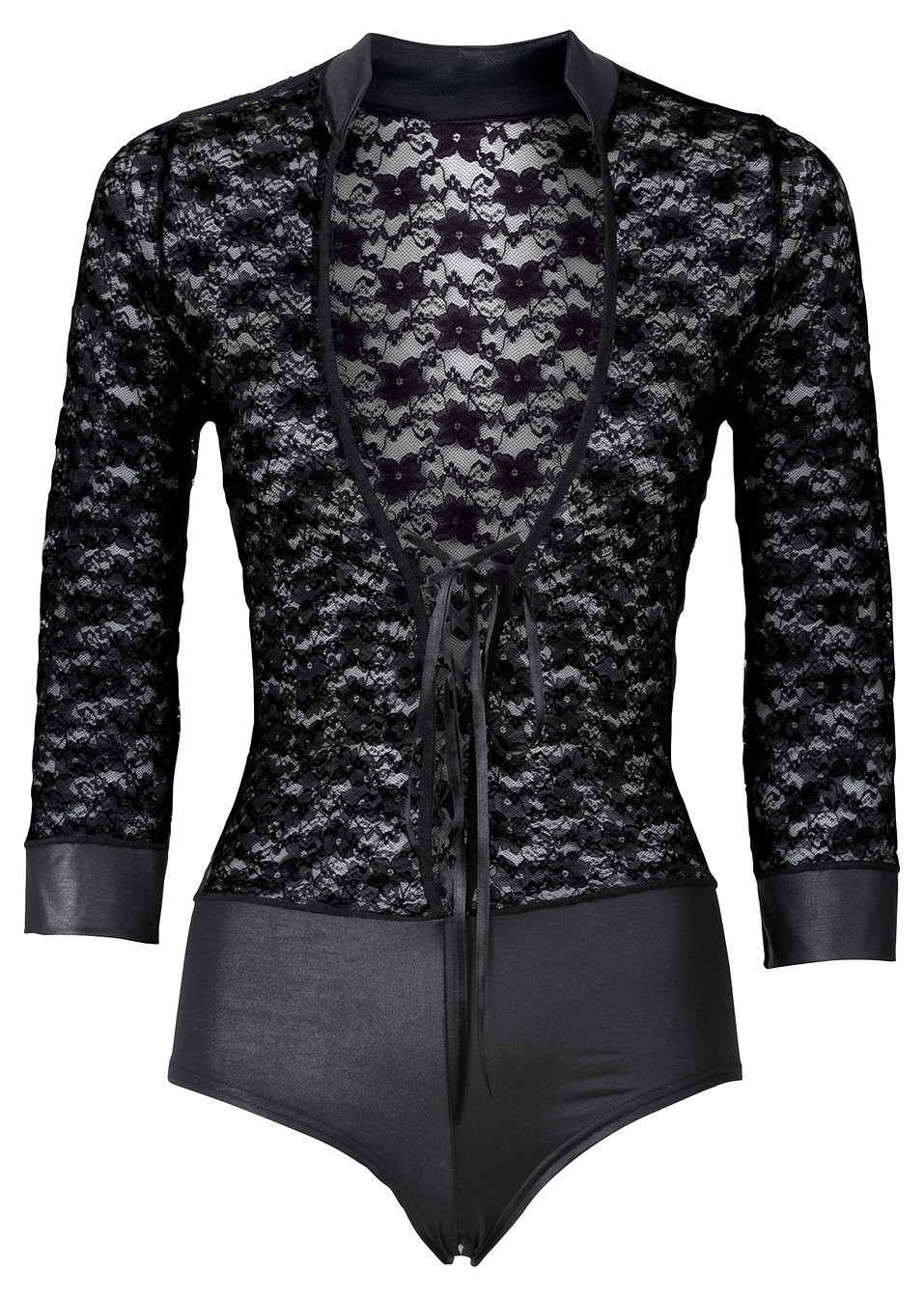 Разкриващо боди с дълъг ръкав от дантела-Черно-