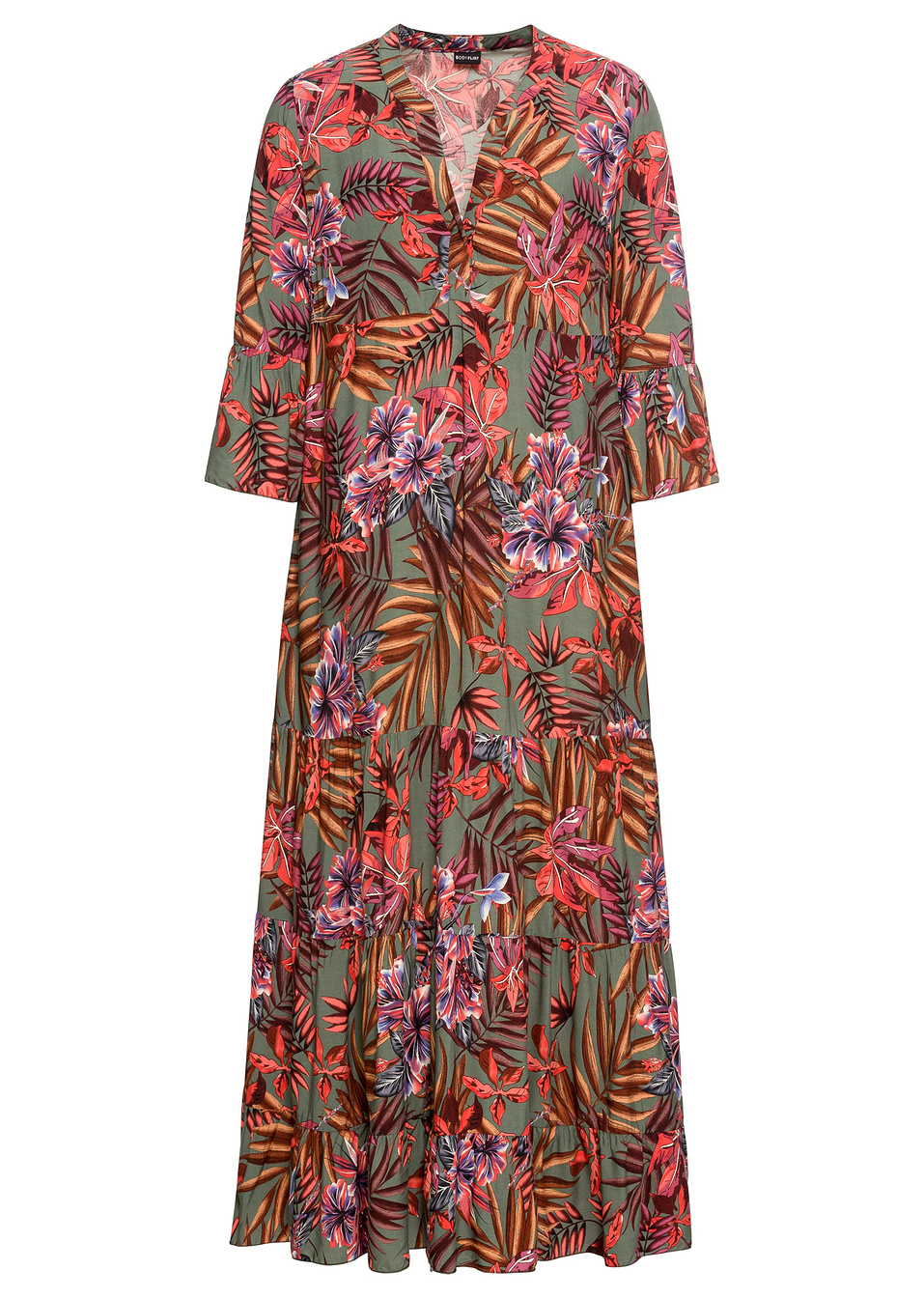 Μακρύ εμπριμέ φόρεμα-Πράσινο λαδί/Κόκκινο φλοράλ-BODYFLIRT