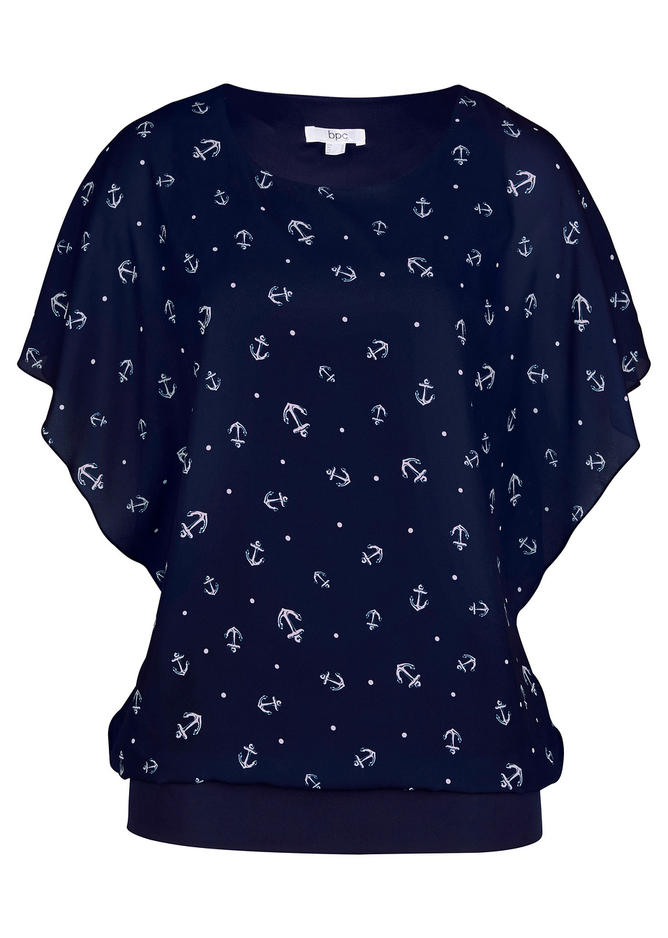 Κοντομάνικη μπλούζα από ζορζέτα-Μπλε σκούρο/Λευκό εμπριμέ-bpc bonprix collection