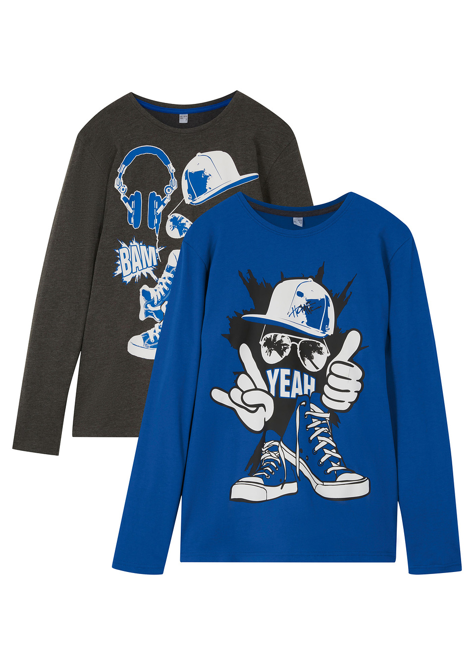 Блуза с дълъг ръкав (опаковка с 2 бр.) от био памук-Антрацит меланж + Лазурно синьо с принт-bpc bonprix collection