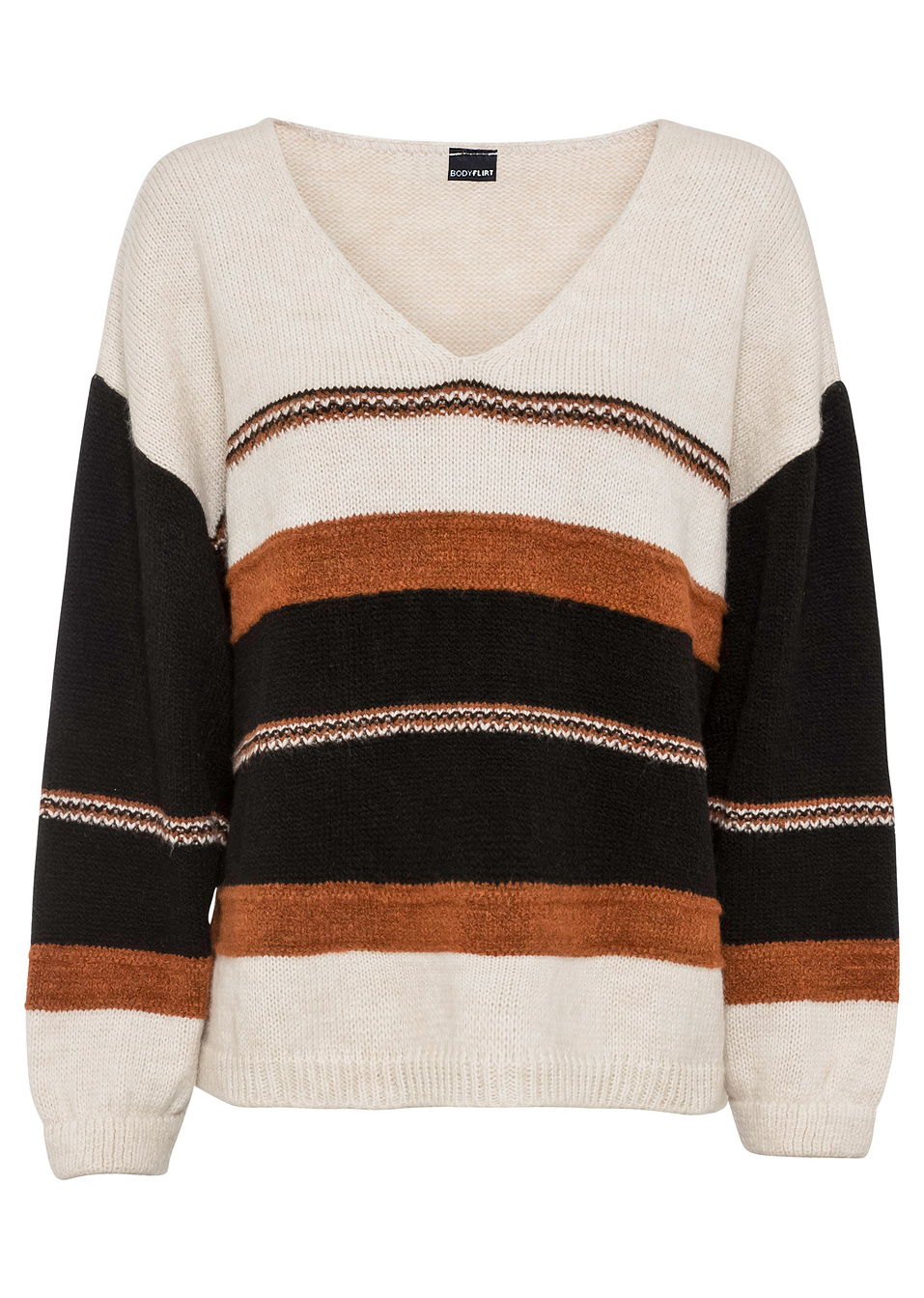 Πουλόβερ-Κρεμ/Καφέ/Μαύρο ριγέ-BODYFLIRT