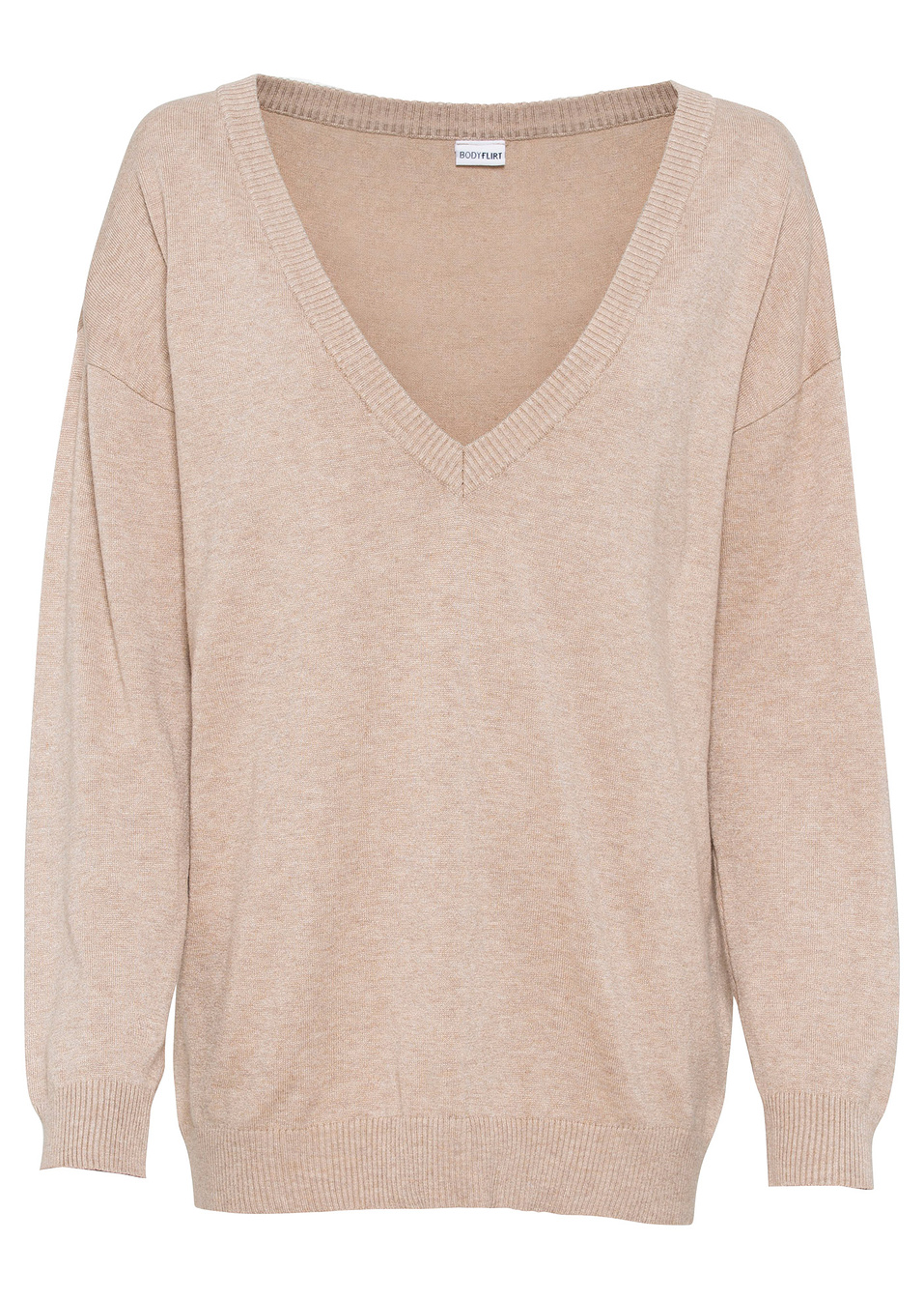 Πουλόβερ oversized με λαιμόκοψη V-Μπεζ μελανζέ-BODYFLIRT