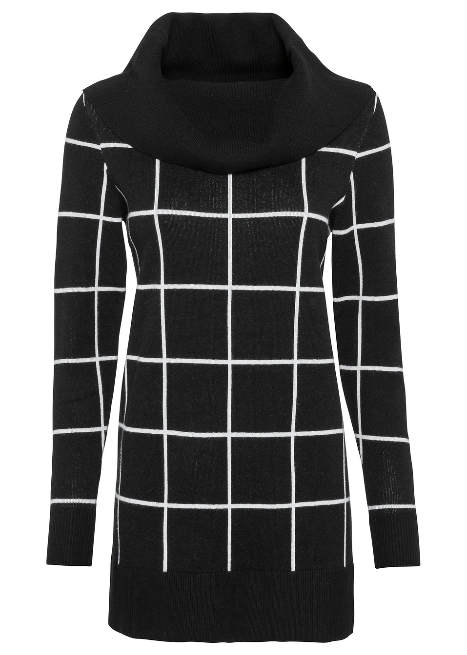 Μακρύ πουλόβερ-Μαύρο/Λευκό κρεμ καρό-BODYFLIRT