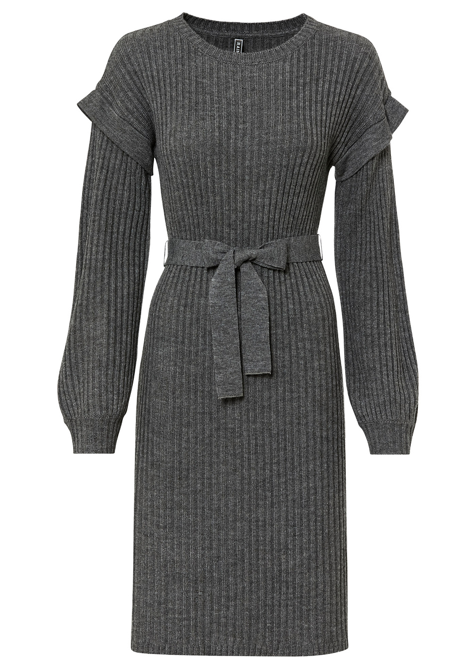 Πλεκτό φόρεμα με ζώνη-Γκρι μελανζέ-RAINBOW