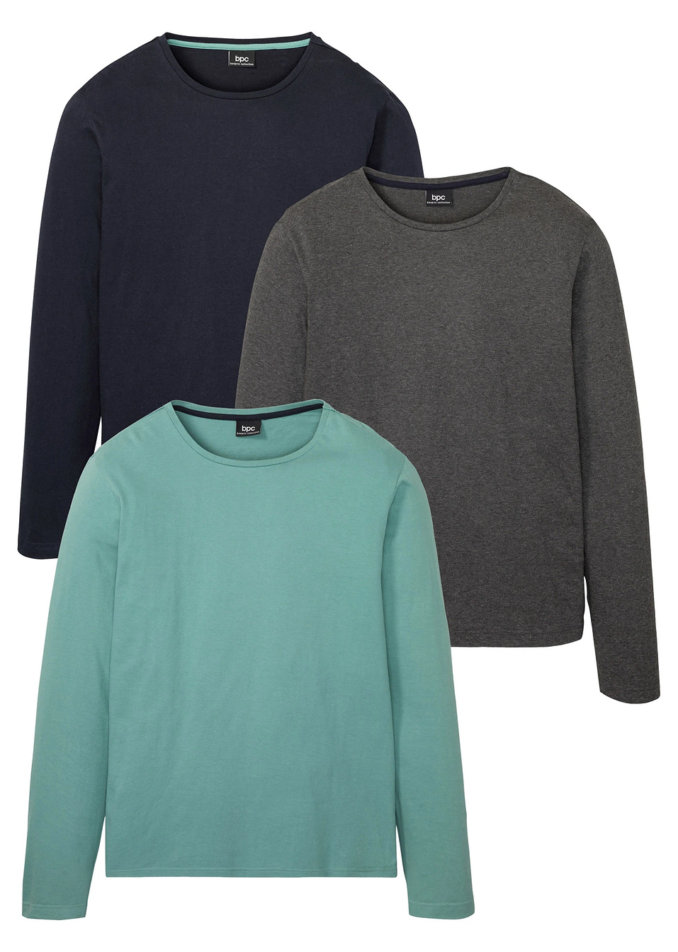 Блуза с дълъг ръкав (опаковка с 3 бр.) Regular Fit-Сиво-зелено опушено + Антрацит меланж + Тъмно синьо-bpc bonprix collection