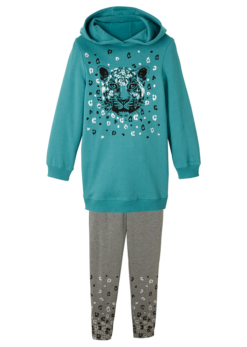 Суитчър и клин (комплект от 2 части) от био памук-Тъмен тюркоаз/Сиво меланж-bpc bonprix collection