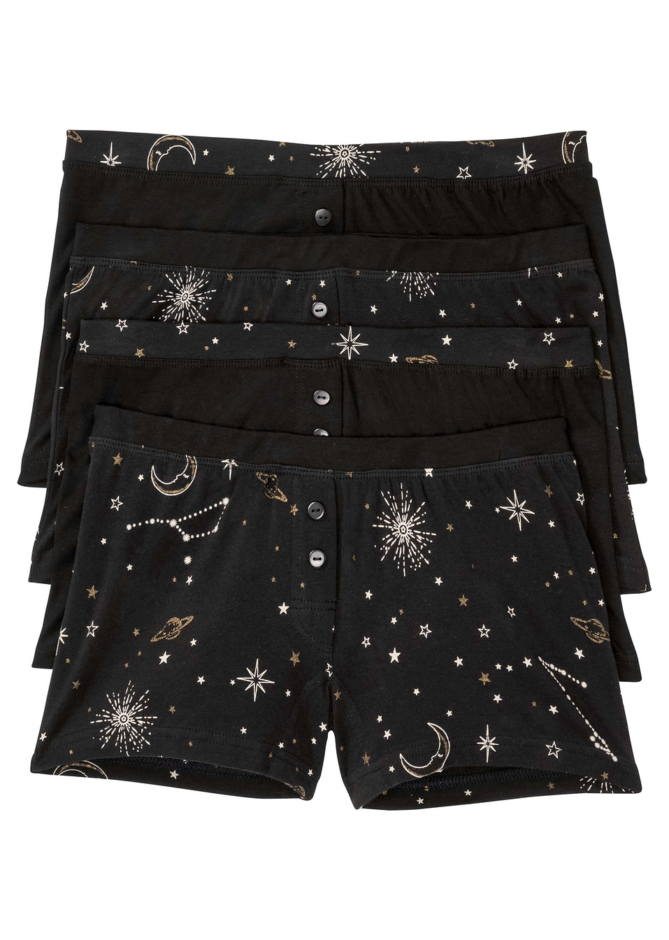 Εφαρμοστό μποξεράκι (συσκευασία των 4)-Μαύρο/Λευκό κρεμ/Χρυσαφί εμπριμέ-bpc bonprix collection