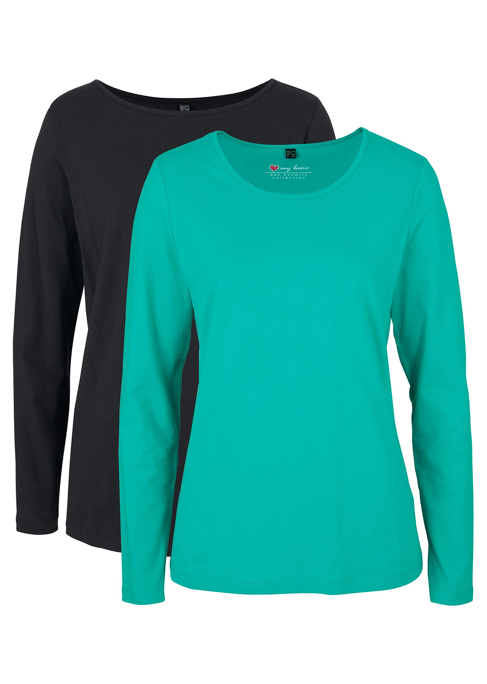 Μακρυμάνικη μπλούζα με στρογγυλή λαιμόκοψη (συσκευασία των 2)-Πράσινο σμαραγδί + Μαύρο-bpc bonprix collection