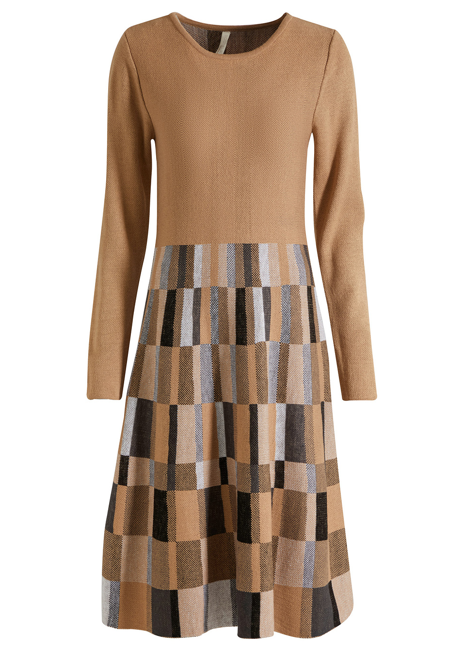 Πλεκτό φόρεμα με καρό μοτίβο-Καμηλό/Καφέ-BODYFLIRT boutique