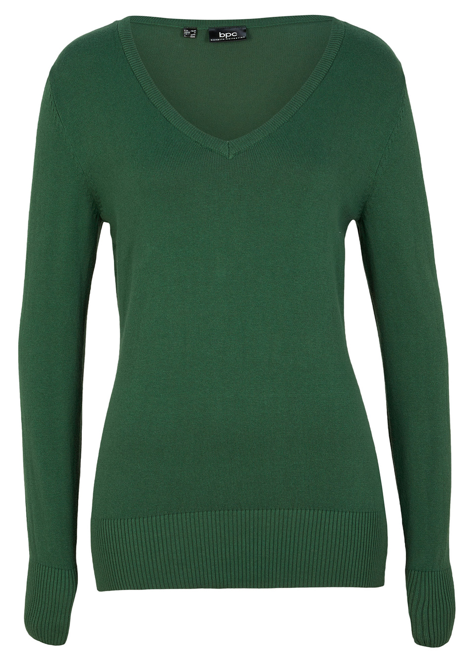 Πουλόβερ από λεπτό νήμα με λαιμόκοψη V-Πράσινο σκούρο-bpc bonprix collection