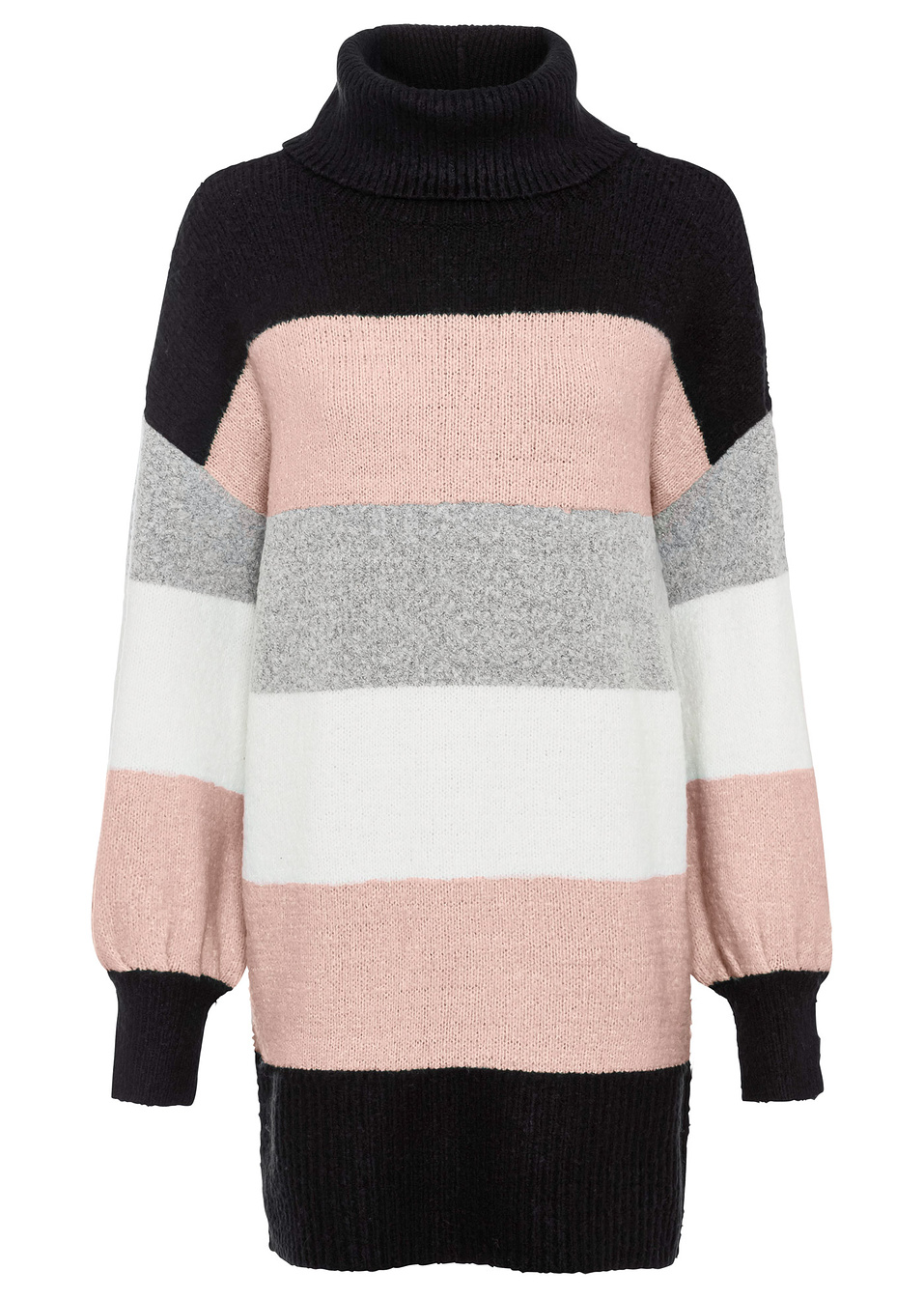 Μακρύ πουλόβερ με φάσες-Μαύρο/Ροζ vintage/Λευκό κρεμ-BODYFLIRT