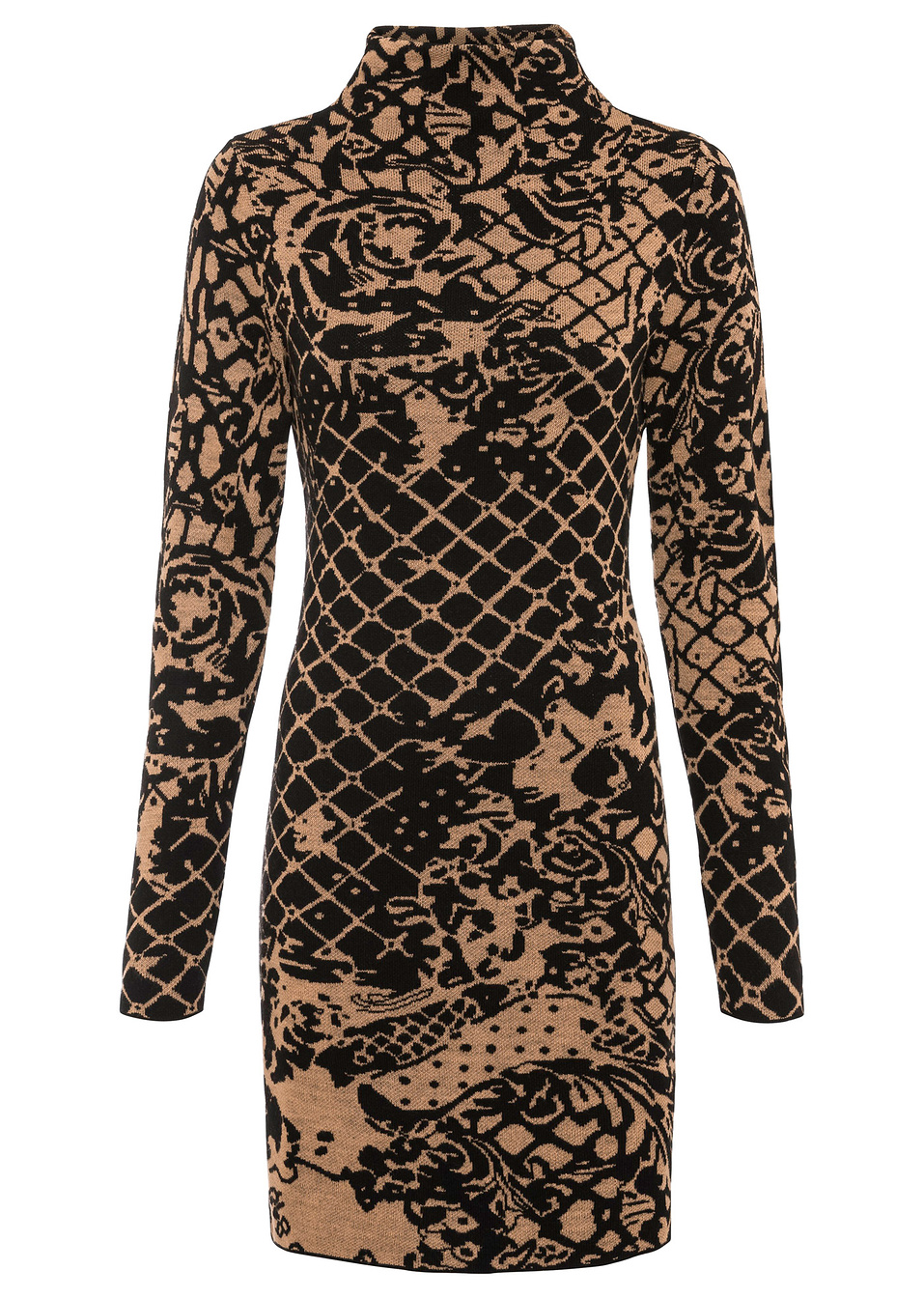 Πλεκτό φόρεμα ζιβάγκο-Καφέ/Μαύρο φλοράλ-BODYFLIRT boutique