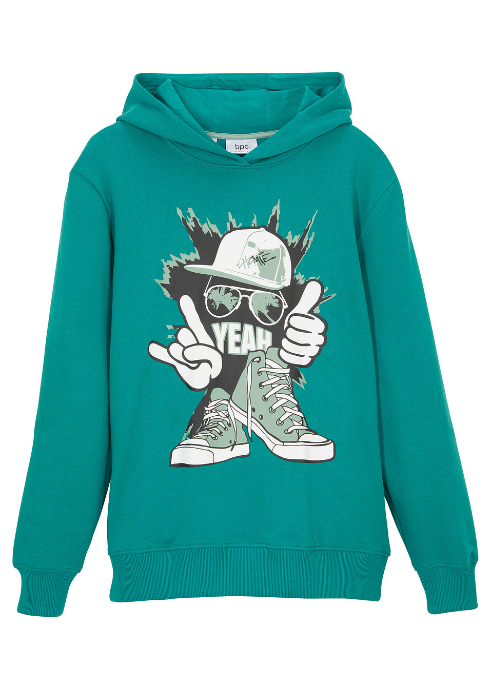 Φούτερ με κουκούλα-Πράσινο σμαραγδί με στάμπα-