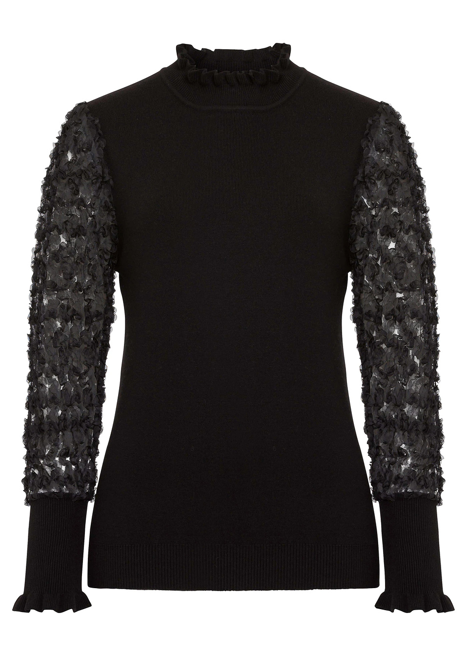 Πουλόβερ με ψηλό λαιμό και μανίκια από μουσελίνα-Μαύρο-