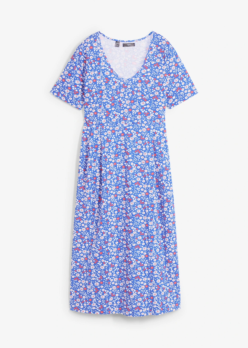 Φόρεμα midi από βαμβακερό ζέρσεϊ-Μπλε οινοπνευματί/Έντονο κόκκινο/Λευκό φλοράλ-bpc bonprix collection