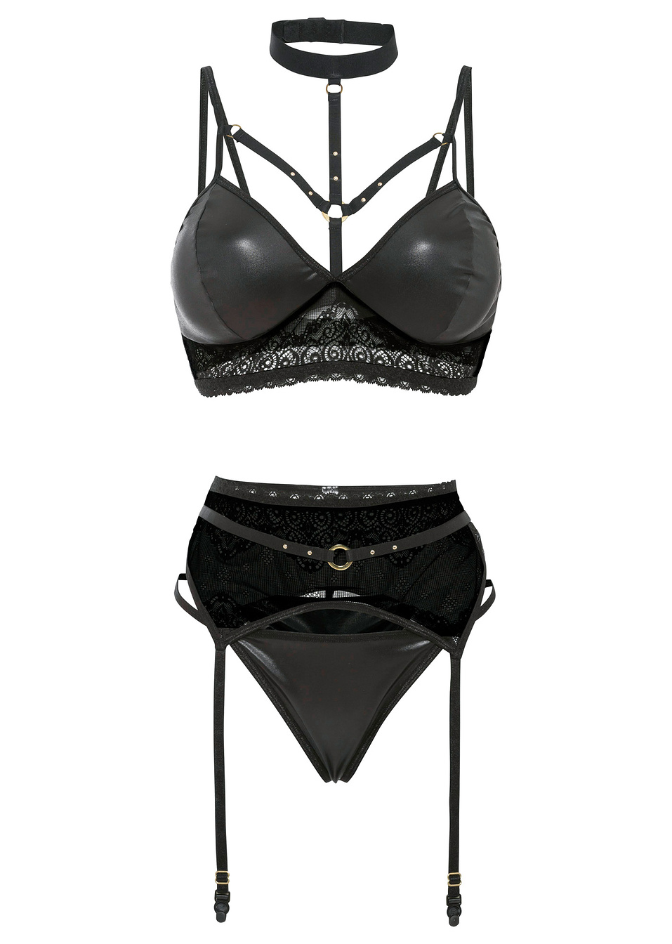Σουτιέν μπουστάκι, στρινγκ, ζαρτιέρες (σετ 3 τεμ.)-Μαύρο-Venus