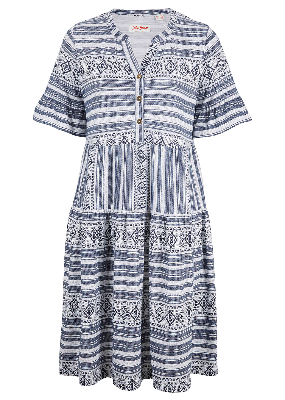 Κοντομάνικο εμπριμέ φόρεμα ζέρσεϊ-Λευκό/Μπλε σκούρο εμπριμέ-John Baner JEANSWEAR