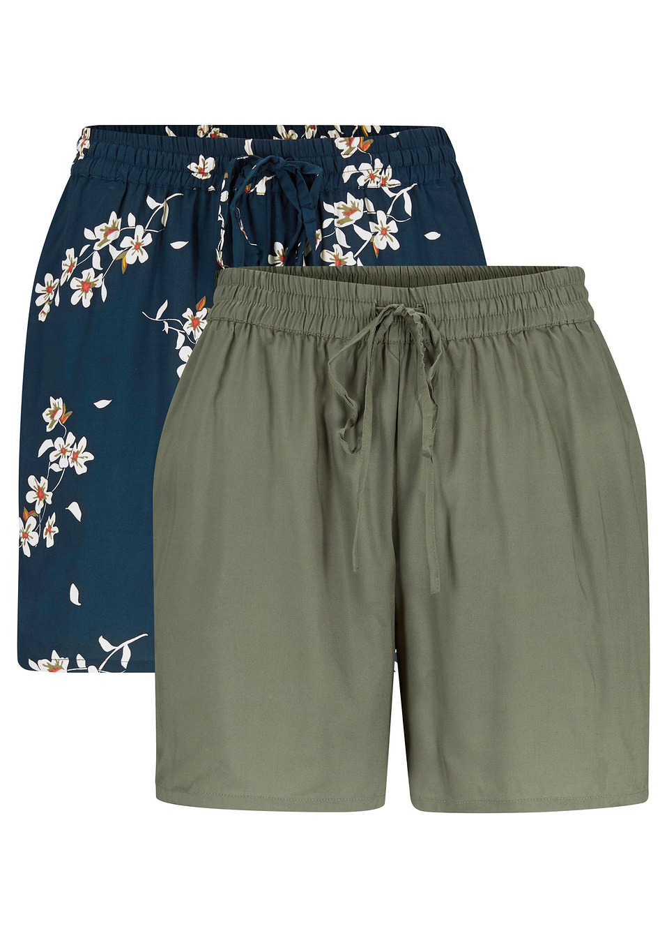Σορτς από βιώσιμη βισκόζη με κορδόνι (συσκευασία των 2)-Μπλε σκούρο φλοράλ + Πράσινο λαδί-bpc bonprix collection