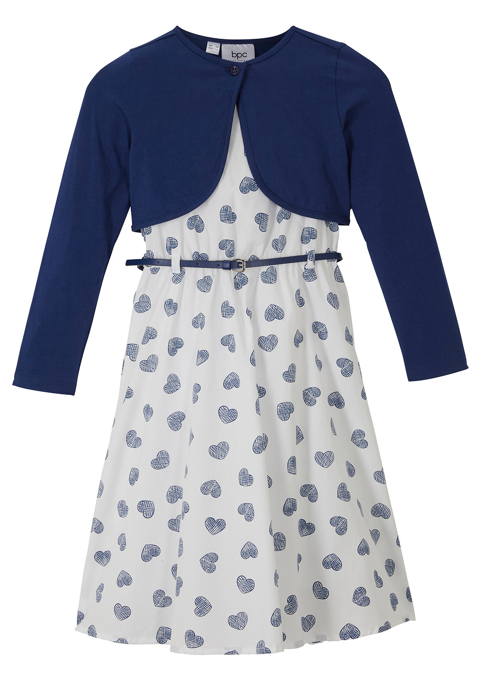 Φόρεμα, μπολερό, ζώνη (σετ 3 τεμ.)-Μπλε/Λευκό-bpc bonprix collection